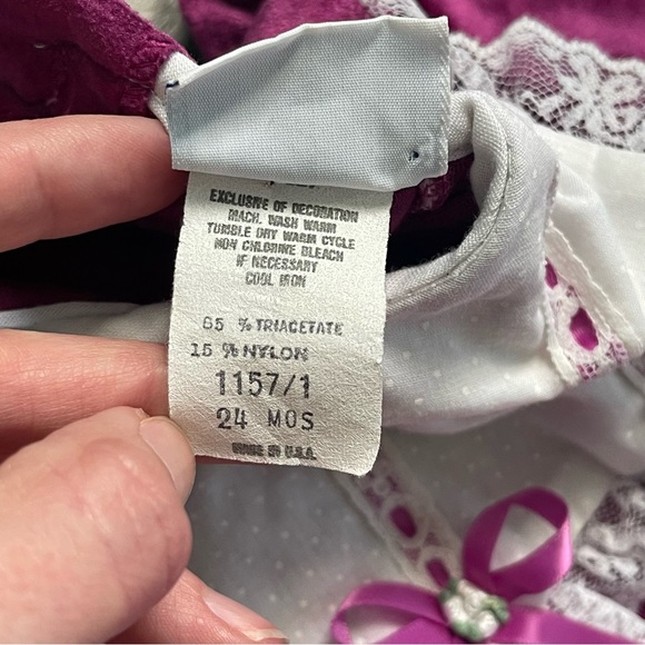 Vintage Precious Originals Fuchsia Velour Lace 24m Baby Coverall Romper - Picture 7 of 7